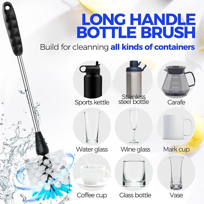 Holikme Bottle Brush Cleaner Set, 14" Long Handle Stainless Steel Bottle Cleaner Brush, 3 Straw Cleaner Brush, Bottle Cleaning Brush for Water Bottle, Cups, Abrasive Flat End Brushes, Straws White