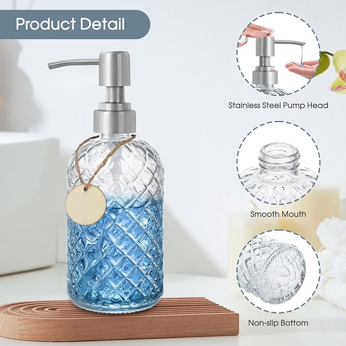 2 Pack Gem-Patterned Glass Soap Dispenser with Rust Proof Stainless Steel Pump-13 oz Liquid Hand Soap Dispenser for Kitchen & Bathroom,Great for Lotions, Essential Oil, Liquid Soaps-Clear