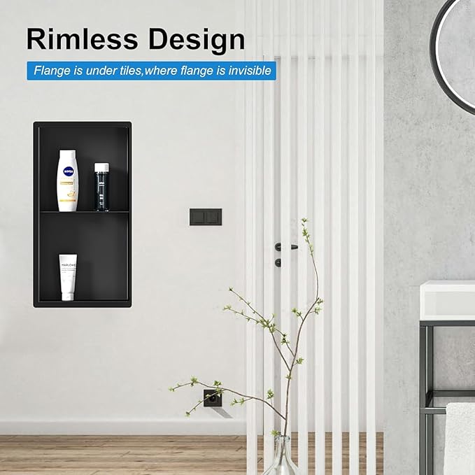 BATHFINESSE Shower Niche 24" X 12" Black, Stainless Steel Wall Niche Double Shelves Recessed Shower Shelf for Bathroom Storage, No Tile Needed Over Mount Installation