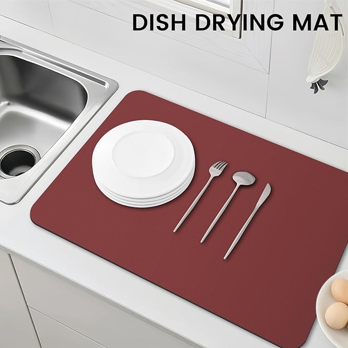 WISELIFE Dish Drying Mat Super Absorbent Drying Mat Large Dish Drying Mats for Kitchen Counter Easy Clean Dish Mat Kitchen Drying Mat16"x 24" Classic Red
