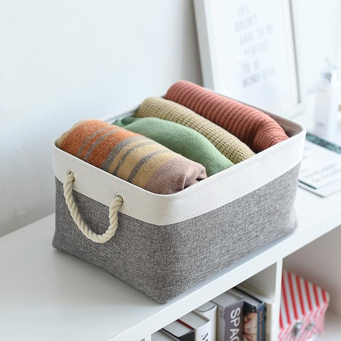 Sacyic Large Storage Baskets for Shelves, Fabric Baskets for Organizing, Collapsible Storage Bins for Closet, Nursery, Clothes, Toys, Home & Office [3-Pack, White&Grey]