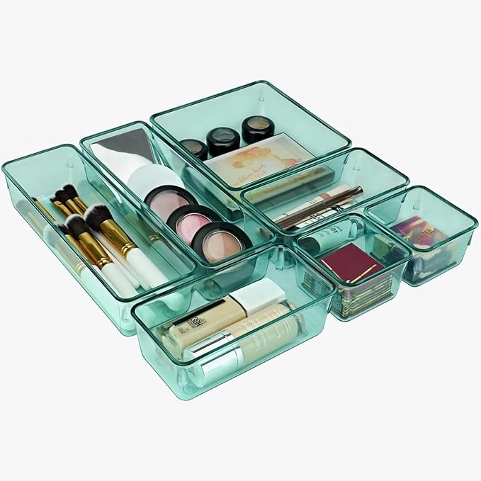Acrimet Drawer Organizer Modular, Box Tray Storage Bins for Office, Home, Makeup, Kitchen, Junk Drawer (7 Units - 4 Sizes) (Clear Green Plastic)