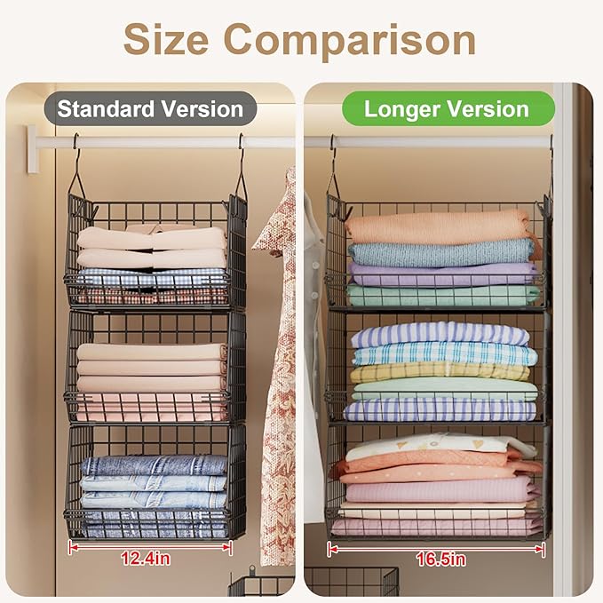3 Tier Closet Hanging Shelves with Divider, Extra Large Closet Organizers and Storage, Clothes Hanging Organizer Clothing Sweaters Handbags Clutches Accessories