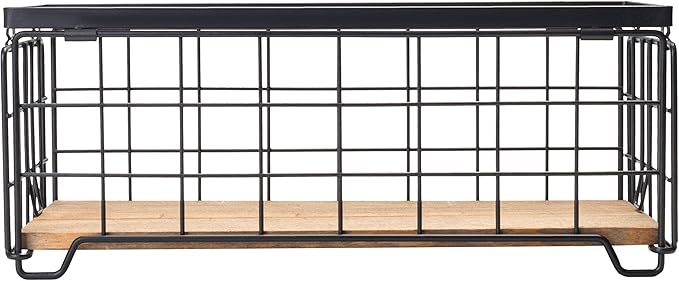 Metal Wire Storage Basket, Toilet Paper Roll Holder Wood Base Countertop Decor Box Toilet Tank Shelf Cabinet Organizer for Bathroom Pantry Garage Bedroom Livingroom - Black