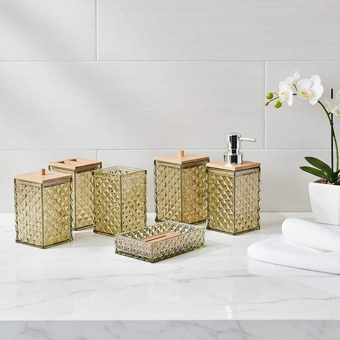 Bathroom Accessory Set,6 Pcs Beige Bathroom Set Include Soap Dispenser, Qtip Holder Dispenser, Soap Dish,Toothbrush Holder & Mouthwash Cup.Boho Bathroom Set