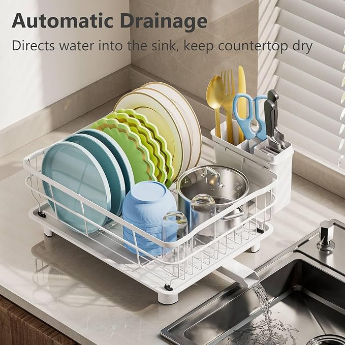 Iron Dish Drying Rack Auto Drain Dish Drainers Kitchen Counter Strainer with Draining Tray, All White