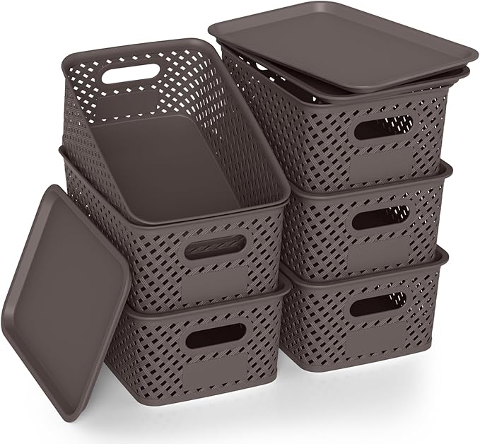 Plastic Storage Bins with Lid, Stackable Small Box Basket for Organizing and Containers for Shelves Drawers Desktop Closet Playroom Pantry Classroom Office Home, 6-pack 10.2x7.2x4.1 Inch, Brown