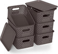 Plastic Storage Bins with Lid, Stackable Small Box Basket for Organizing and Containers for Shelves Drawers Desktop Closet Playroom Pantry Classroom Office Home, 6-pack 10.2x7.2x4.1 Inch, Brown