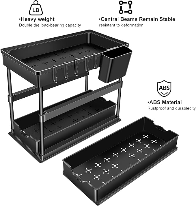 JPart Under Sink Organizer, Kitchen Organizers and Storage, 2-Tier Bathroom Cabinet Organizer with Sliding Drawers, Thickened Construction with Hooks Hanging Cup for Kitchen & Bathroom, 2 Pack