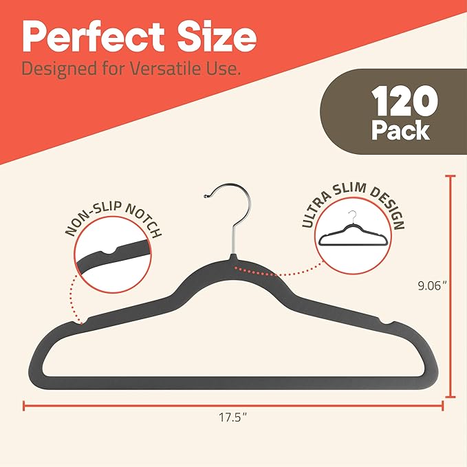 Gray Velvet Hangers 120 Pack – 360° Swivel Hook, Non-Slip and Space Saving Hangers, Heavy-Duty 11 lbs Weight Capacity - Smooth Velvet Finish for Crease-Free Clothes and Effortless Closet Organization