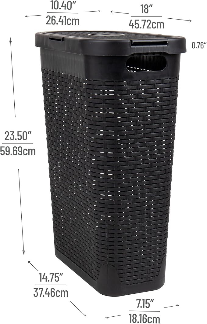 Mind Reader Slim Laundry Hamper with Lid, 40L Clothes Basket, Premium Wicker Design, Plastic, Black
