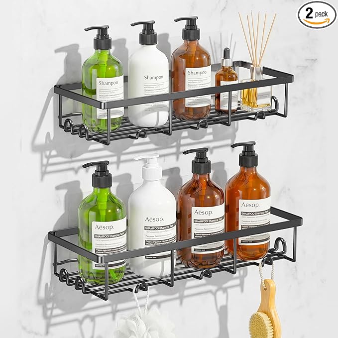 Shower Shelves for Inside Shower, 2 Pack Adhesive Bathroom Caddy Organizer Basket Rack for Storage and Organization, Wall Suction Bath Bathtub Shampoo Holder Set for RV Camper, Black