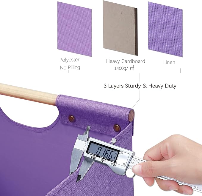 HOONEX Large Foldable Storage Bins, Linen Fabric, Pack of 2, Storage Baskets with Wooden Carry Handles and Sturdy Heavy Cardboard, for Home, Office, Car, Nursery, Purple