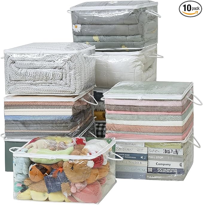 10 PCS Clear Zippered Storage Bags with Handle, Sweater Storage with Zipper, Foldable Closet Organizer Bed Sheet Organizer, Cube Plastic Organizer, Bag, Bin for Clothes,Towel-20 * 16 * 12