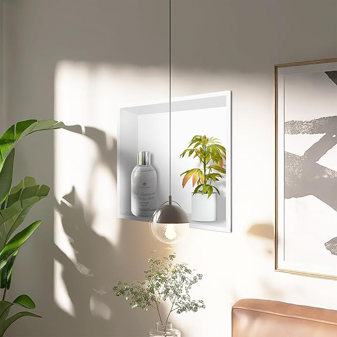 BATHFINESSE Shower Niche No Tile Needed, 12 x 12 White Shower Niche Insert Tile Ready, Recessed for Shower Wall Bathroom Storage Over Mount Installation