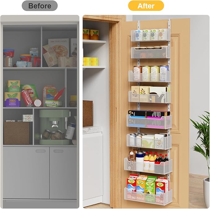 Over the Door Organizer, 8-Tier Pantry Organizer with Fully Enclosed Mesh Baskets, Heavy-Duty Metal Hanging Spice Rack for Kitchen Bathroom Laundry Room, 2-in-1 Wall Mount or Door Mount, White