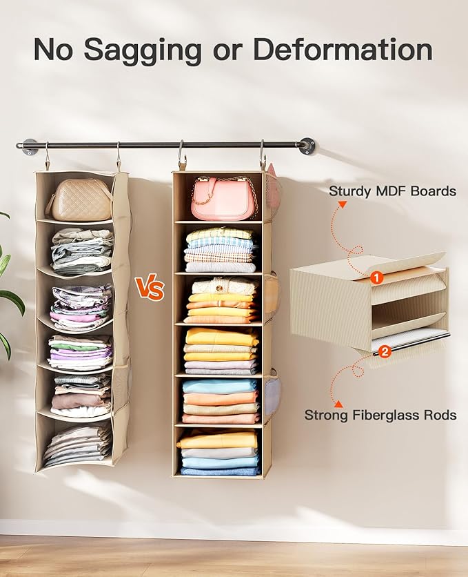 Pipishell 6-Shelf Hanging Closet Organizer, with 3 Detachable Drawers & Side Pockets, Closet Organizers and Storage for Bedroom, Garment Rack and Wardrobe Organization, Dorm Clothes Organizer, Beige