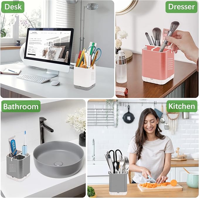 Boperzi Toothbrush and Toothpaste Holder with Bamboo Divider for Bathroom Countertop Organizer, Plastic Detachable Anti-Slip Large Electric Toothbrush Holders Storage Caddy Drainage for Family, Kids