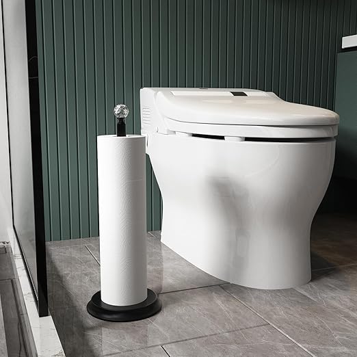 Metal Toilet Paper Holder Stand with Crystal Head - 4 Rolls Free Standing Bathroom Storage, Rustproof Space-Saving Design for Small Bathrooms (Black)