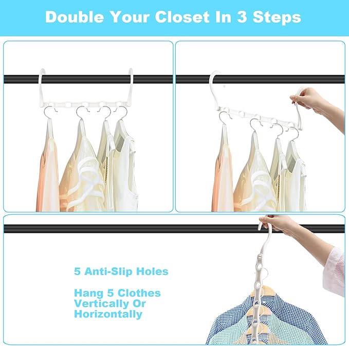 DUCOO 10 PCS Space Saving Hangers, 5-Hole Magic Hangers - Sturdy Plastic Hanger, Closet Organizers for Clothes Storage, College Dorm Essentials, Home Organization (White)