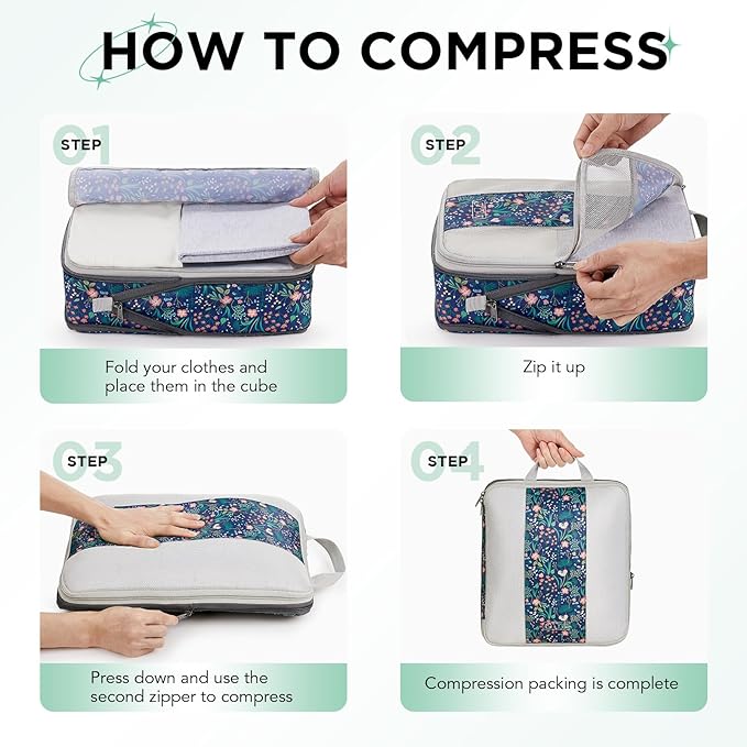 8 Set Compression Packing Cubes for Travel Essentials,Compressible Expandable Packing Cubes for Suitcase,OlarHike Luggage Organizer Bags for Travel(Dark Blue Floral)