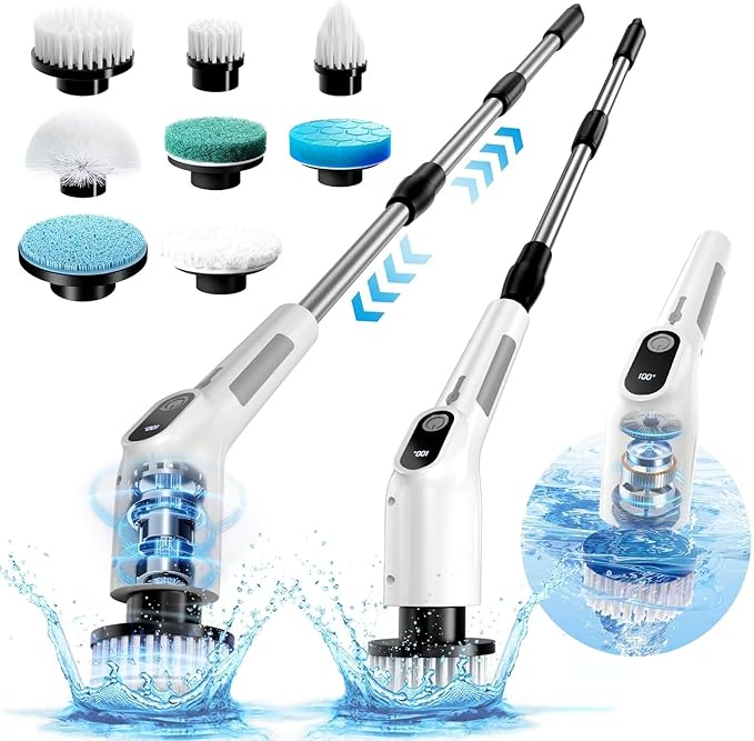 TBFWiCO Electric Spin Scrubber, Shower Cleaning Brush with 8 Replaceable Brush Heads, IPX7 Waterproof & 50KGF High-Torque Motor, Adjustable Long Handle, for Bathroom, Kitchen, Tile & Floor Cleaning