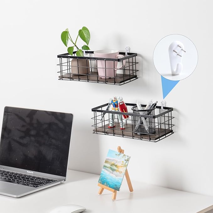 ROSE BLOOM Small Metal Wire Storage Basket, Decorative Wood Base Organizer Bins for Bathroom, Kitchen, Laundry Room, Pantry, Basket for Toilet Paper, Fruits, Spices（1 Pack