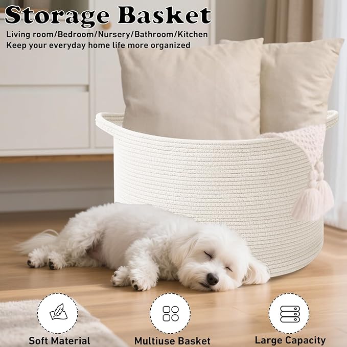 115L Large Blanket Basket,23.6" L x 23.6" W x 15.7" H Rope Woven Baskets with Handles, Toys Storage Bins,Laundry Basket Perfect for Living Room, Nursery,Bedroom,Home Organization,White