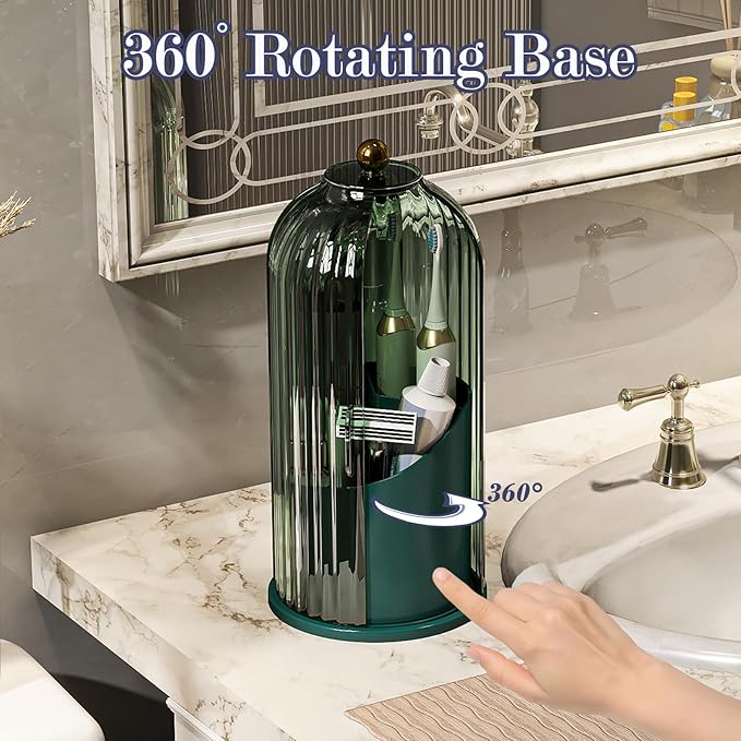 Zufudo Dustproof Toothbrush Holders with Cover, Rotating Electric Toothbrush and Toothpaste Holder for Bathroom Countertop, 3 Slots Makeup Brushes Organizer, All Green