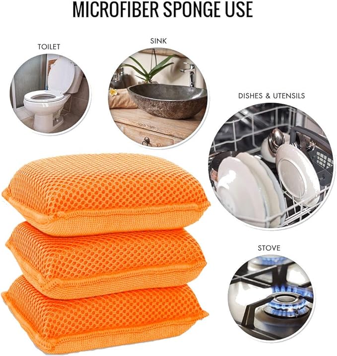Miracle Microfiber Kitchen Sponge by Scrub-It - Non-Scratch Heavy Duty Dishwashing Cleaning sponges- Machine Washable- (Orange)