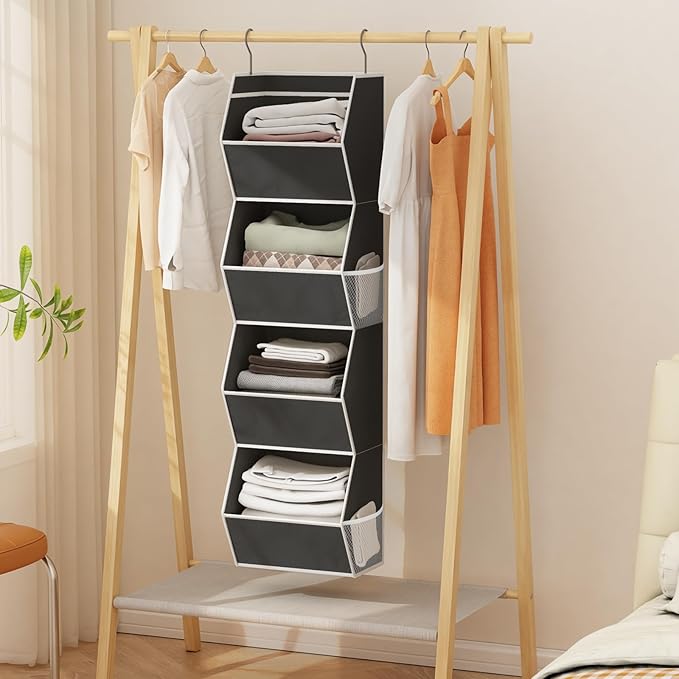 Hanging Closet Organizer 4 Shelf Collapsible Bedroom Closet Organizers and Storage Hanging with Mesh Pocket for Clothes, Closet Hanging Organizers and Storage for Fabric Wardrobe Space Saver, Black