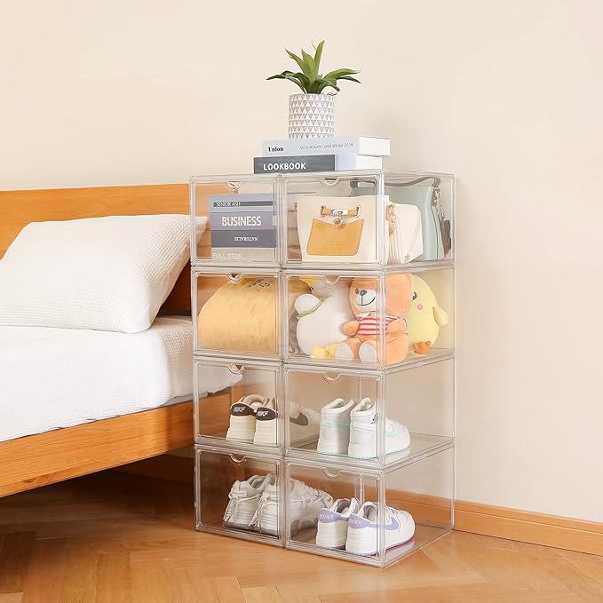 Clear Shoe Storage Boxes Stackable, Display Case With Magnetic Door, 4 Pack Acrylic, Plastic Shoe Boxes With Lids, Sneaker Storage