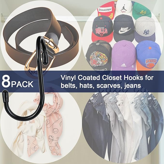 HiGift 8 Pack Purse Hanger for Closet, Vinyl Coated Unique Twist Design Black Bag Hanger Hooks, 5 Inch Large Closet Rod Home Storage Hooks Purse Organizer for Hanging Handbags, Belts, Hat, Backpack