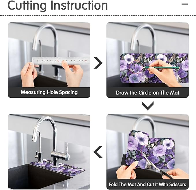 Purple Black Lotus Flower Kitchen Sink Splash Guard Sink Faucet Mat Faucet Handle Drip Catcher Drain Mats for Kitchen Bathroom Countertop Absorbent Dish Drying Pad 2Pack 14.7x5.4IN
