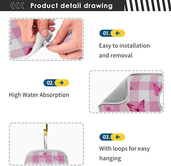 Sink Faucet Absorbing Mat Kitchen Sink Splash Guard Splash Faucet Drip Catcher for Bar RV Bathroom 2PCS 14.9x5.5in Checkered Pink and White Butterflies