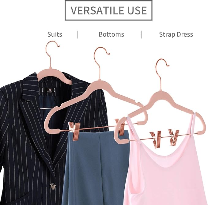 MIZGI Premium Velvet Pants Hangers with Clips (Pack of 20) Slim Skirt Hangers- Non Slip Felt Outfit Dress Hangers Blush Pink - Copper/Rose Gold Hooks,Space Saving Shirt Clothes Hangers