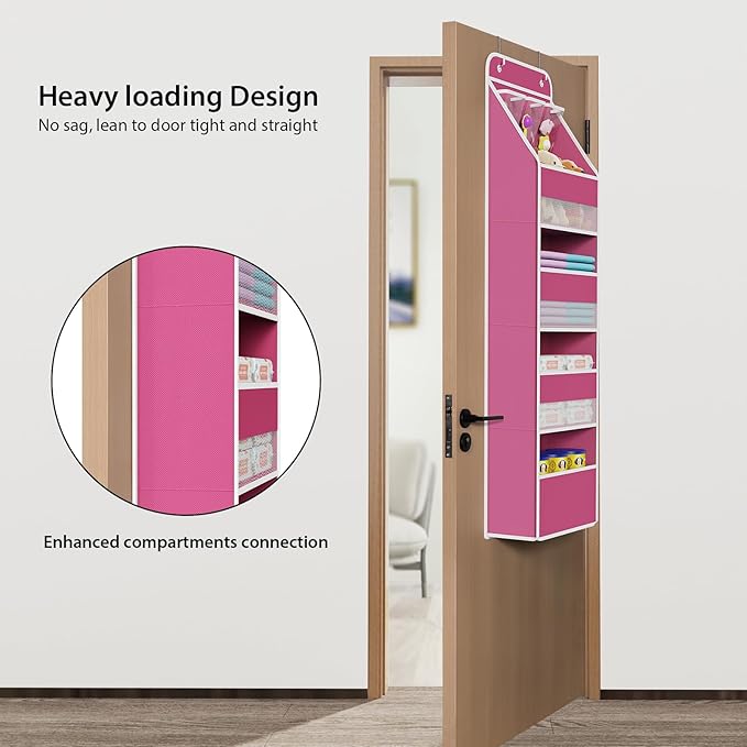 Univivi 5-Shelf Fabric Door Storage Over Door Hanging Organizer with 4 Large Pockets and 3 Small PVC Pockets Nursery Closet Cabinet Wall Mount Hanging Storage Organizers for Baby Nursery (Pink)