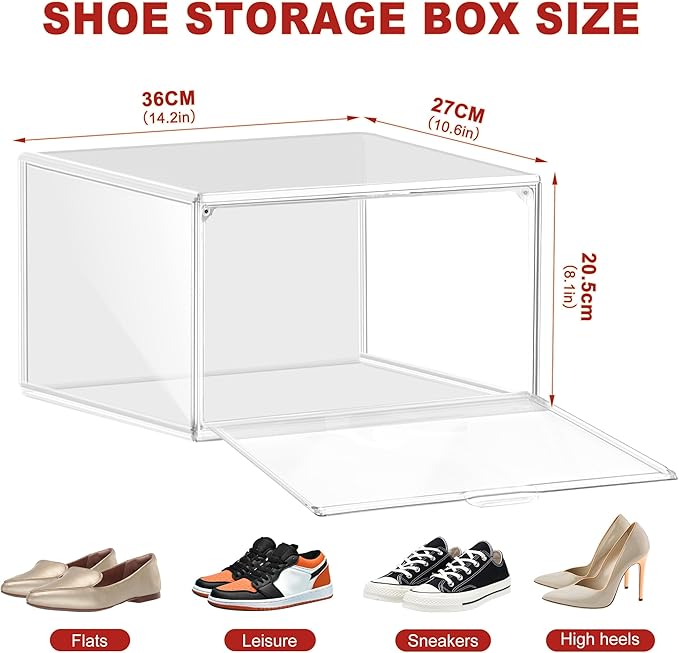 12 Pack Clear Shoe Organizer for Closet, Large Stackable Sneaker Boxes Shoe Display Box Handbag Organizer Plastic Storage Bins with Magnetic lids