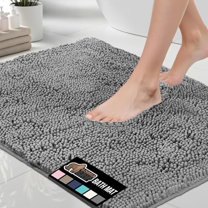 GORILLA GRIP Bath Rug Mat 70x24, Thick Soft Absorbent Chenille, Quick Dry Microfiber Mats, Rubber Backing Washable Shower Floor Rugs, Bathmat Runner, US Designed Bathroom Home Decor Accessories Grey