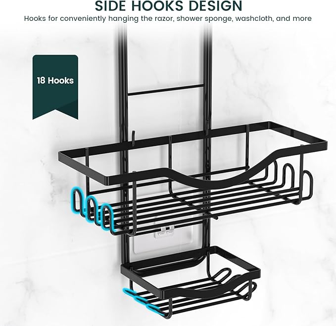 Shower Caddy Hanging Adjustable Shower Caddy, Rustproof Shower Organizer Extended Length Shower Caddies Over Shower Head with Hooks Soap Holder, Large Capacity Anti-Swing Bathroom Organizer, Black