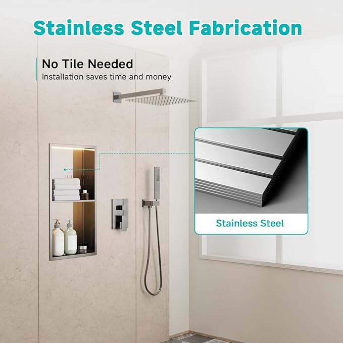 TSIBOMU Stainless Steel LED Lights Shower Niche 12"x24" - No Tile Needed Double Shelves Recessed Wall Niche for Bathroom Storage, Brushed