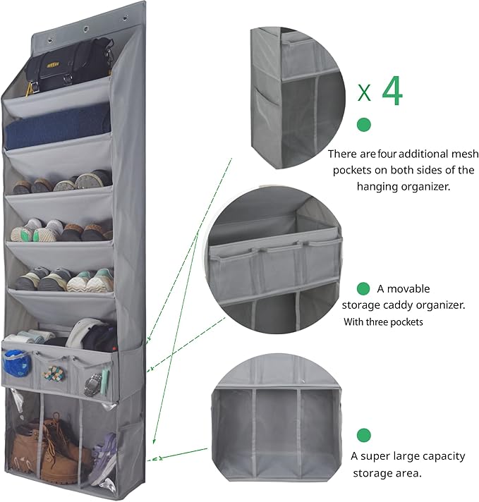 3in1 Over The Door Shoe Organizer with 5 Slanted Compartments,Removable Storage Bin & Transparent Pockets,Thickened Waterproof Oxford Fabric Shoes Rack for Shoes,Boots,Toys,Daily Essentials. (Grey)