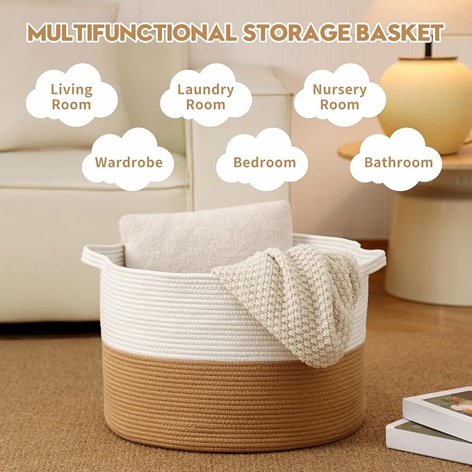 Foldable Laundry Hamper Basket with Collapsible Handle Cotton Rope Soft Woven Fabric Storage Organizer Clothes Toys Nursery Bedroom Dorm Space Saving Bin (White & Camel, 80L(21.7"D x 13.8"H))