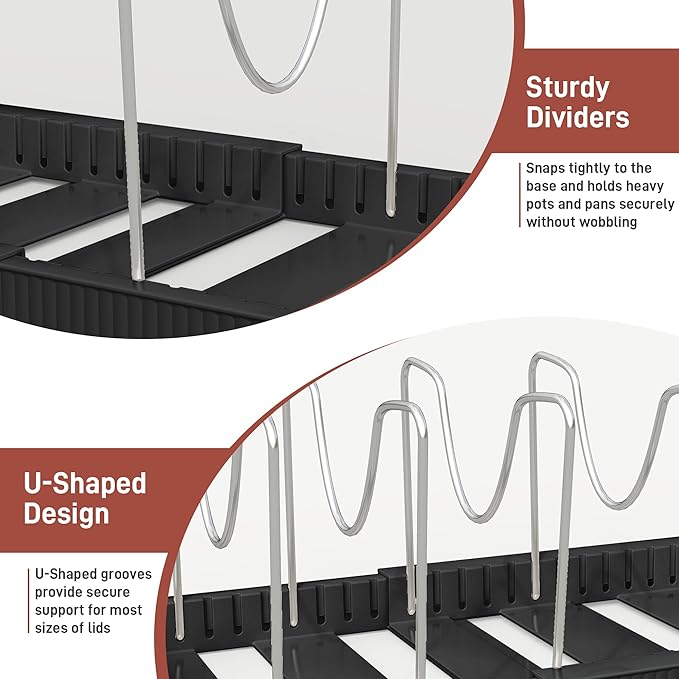 Pots and Pans Organizer for under Cabinet, Pan Pot Organizers inside Cabinet, Expandable Organizer with 12 Adjustable Dividers for Cookie Sheets, Cutting Boards, Pot Lids, Cookware - Pan Rack, Black