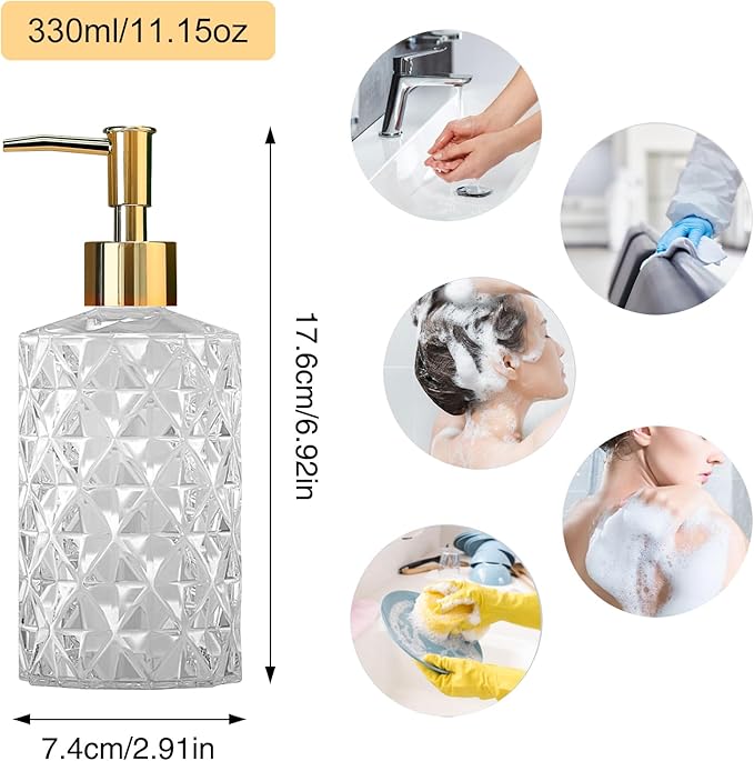 Crystal Glass Soap Dispenser, 330ml/11oz. Clear Glass Lotion Soap Dispenser with Gold Pump, Crystal Design Reusable Hand Soap Dispenser for Kitchen Dish Soap, Shower Gel, Shampoo(Gold Plating Pump)