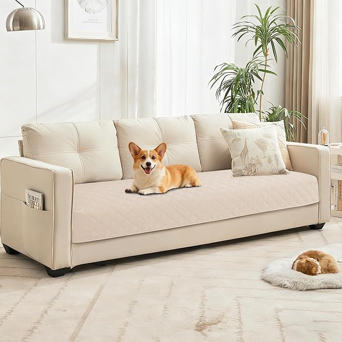 Waterproof Dog Bed Cover, Non-Slip Dog Blanket for Couch, Couch Covers for Dogs Washable, Pet Blanket for Furniture, Pet Bed Mat for Sofa, Car, Pet Supplies (82x120 Inch, Beige)