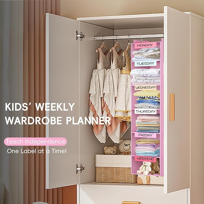 VERONLY Weekly Hanging Closet Organizer for Kids, 6-Shelf Clothes Storage with Labeled Days of The Week Monday Through Friday, Weekday and Weekend, Days of The Week Clothes Organizer