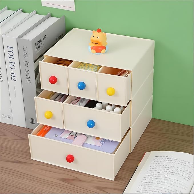 Desktop Storage Drawers, Plastic Desk Organizer with 3 Drawers, Modular Stackable Toolbox Units for Office Stationary, Makeup Container, Bathroom Countertop (1 Tall Layer, Cream)