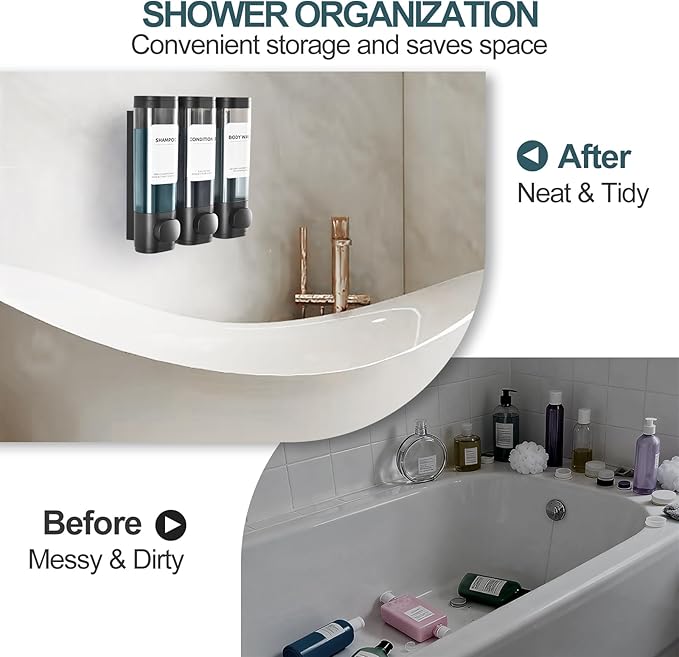 3 Pack Shampoo and Conditioner Dispenser, Shower Soap Dispenser 3 Chamber No Drill Wall-Mounted, Body Wash and Shower Dispenser Set for Shower Wall, Elegant Large Capacity for Bathroom Hotel, Black