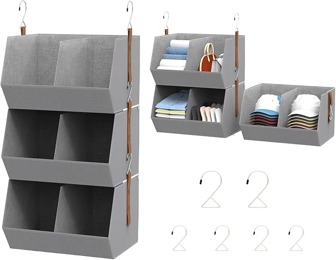 2 Pack,Hanging Closet Organizer 3 Tier,Disassemblable Clothes Hanging Shelves,Space-Saving Closet System, Fabric Storage Bins Bedroom Organization,Collapsible Baskets for Home, Dorm, Rv,Beige